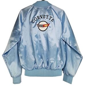 Corvette Satin Bomber Jacket Baby Blue Womens Snap Embroidered  Retro Medium USA